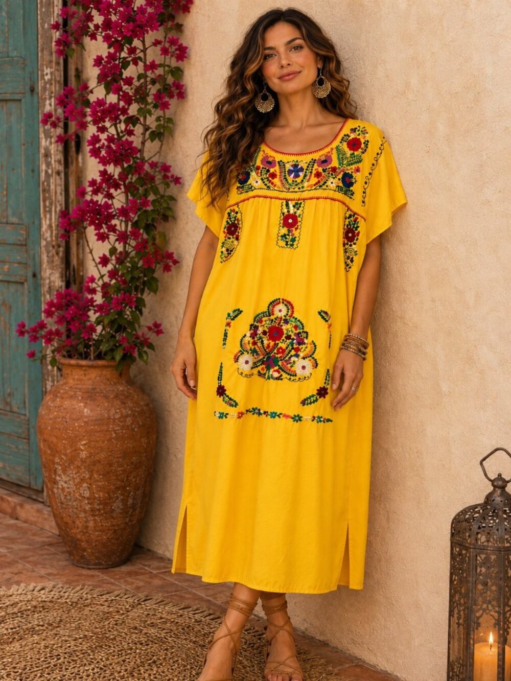 Vintage Yellow Floral Embroidered 100% Cotton Boho Midi Dress | One Size